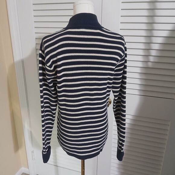 GAP Medium 100% Cotton Mock-Neck Blue/Cream Striped Tunic Sweater Ribbed Cuff - Picture 7 of 13